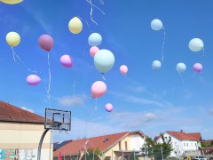 Bunte-Luftballons-werden-in-den-weiss-blauen-Himmel-geschickt